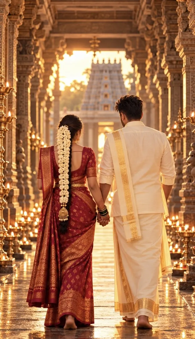 The couple walking hand in hand towards the temple gopuram