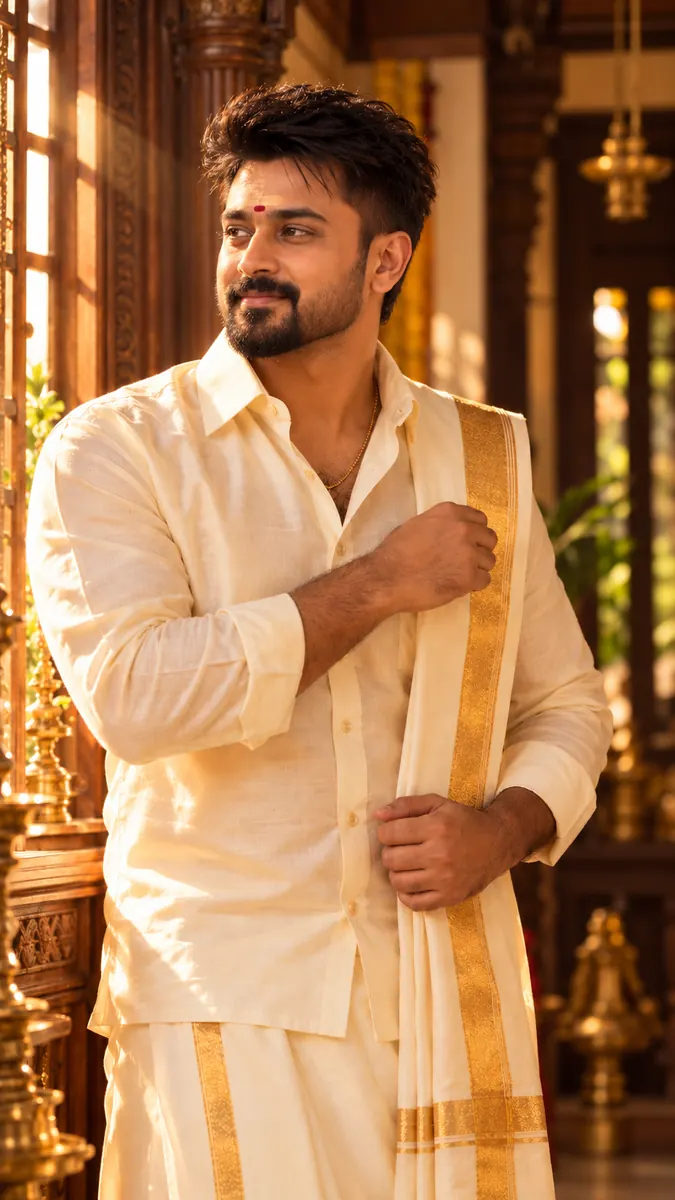 The groom in a veshti, getting ready