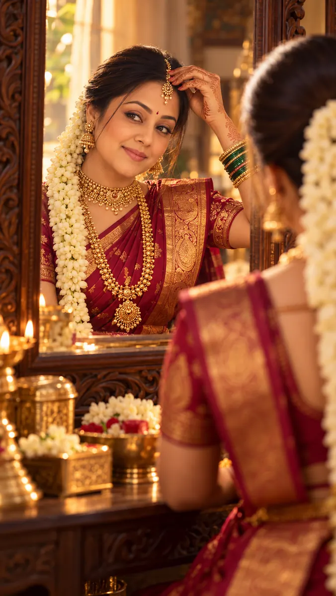 The bride adjusting her nethi chutti at the mirror