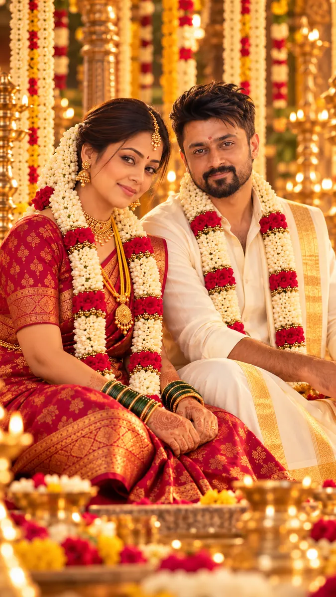 The couple seated in jasmine and rose garlands