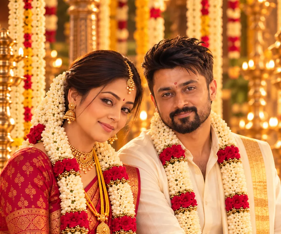 Siva and Divya in wedding garlands, a scene from a CINOREV invitation film